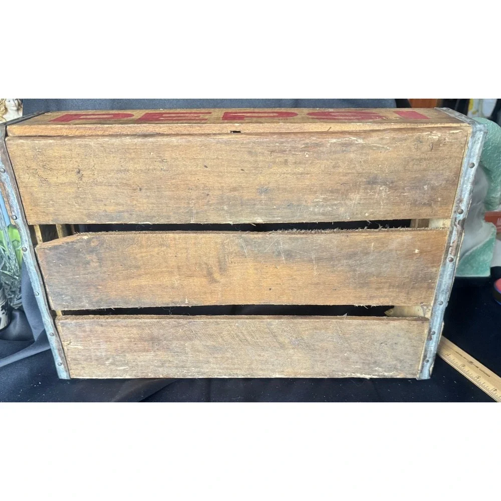 Vintage Pepsi Wooden Soda Crate 24 Bottle Carrier Red Logo Metal Corners Rustic